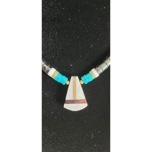Native American Inlay Turquoise Hematite Pendant Necklace Sterling Silver Accent